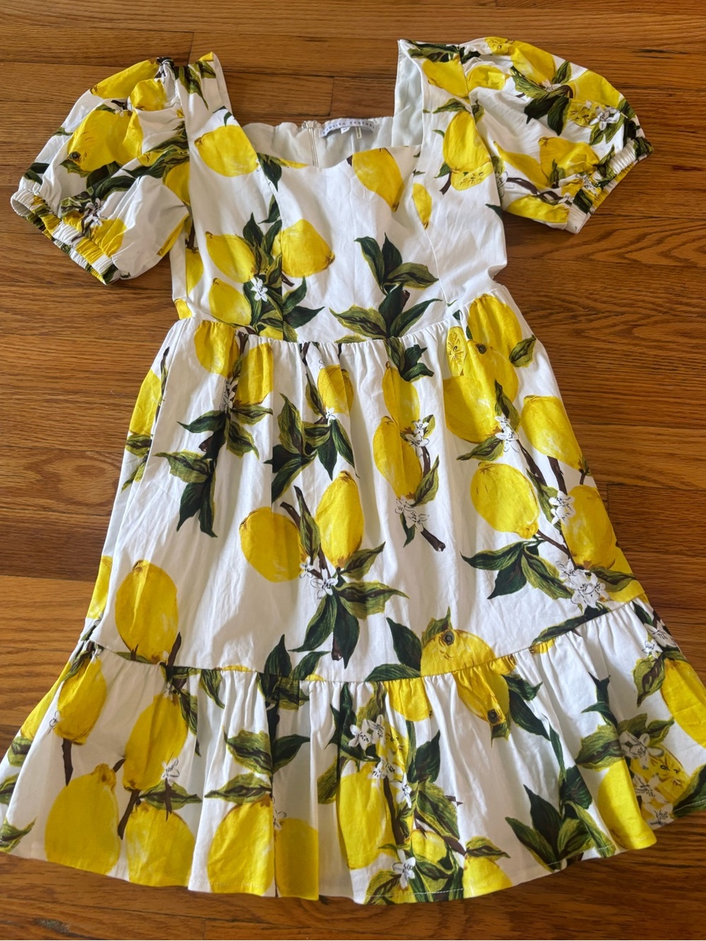 English Factory White Dress with Yellow Lemon Print XS Lined Floral Puff Sleeve
